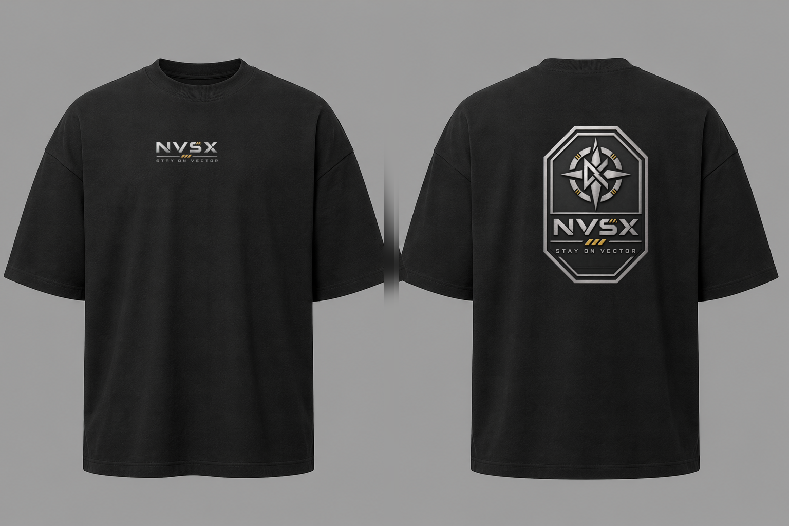 Camiseta preta NVS X, frente e costas